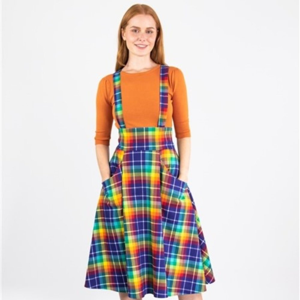 Collectif Rainbow Check Swing Skirt with Suspenders (US 12/UK 14)